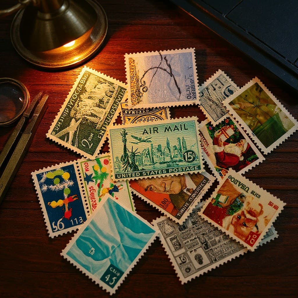 Vintage postage stamps from around the world on a wooden surface