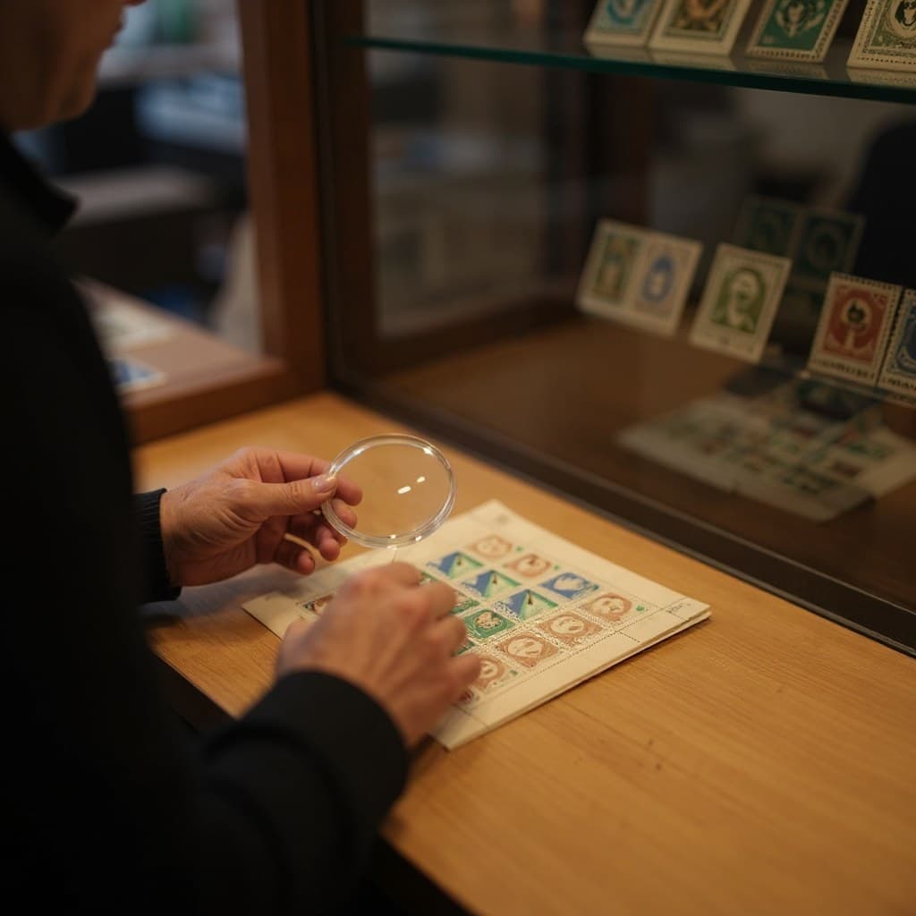 Interior of a real stamp dealer shop with display cases and albums